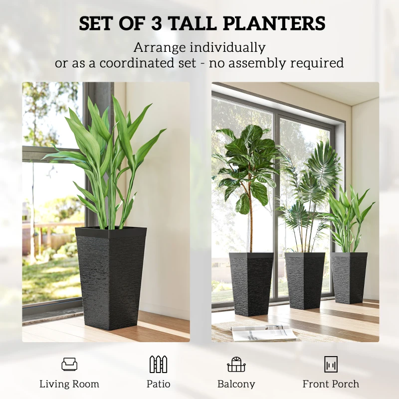 Outsunny 22.8 Inch Set of 3 Outdoor Planters with Stone Finish and Wheels, Stackable Tapered Planters with Drainage Hole, Black