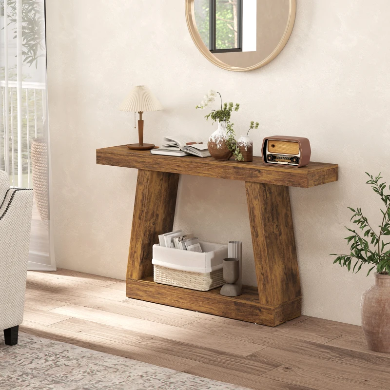 HOMCOM 55" Farmhouse Console Table, 2-Tier Entryway Table with Storage for Hallway, Living Room, Behind Couch, Rustic Brown