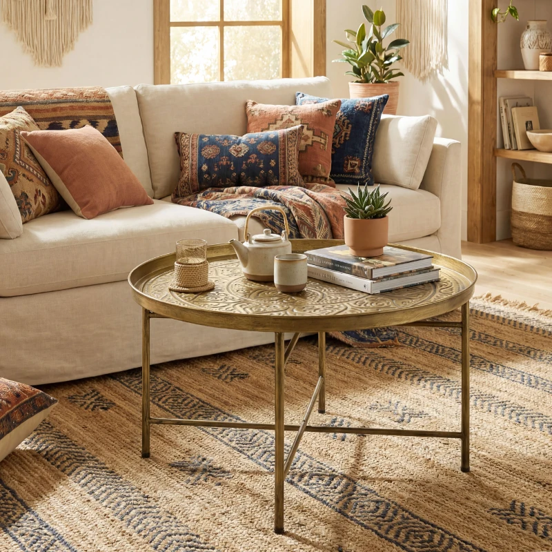HOMCOM Coffee Table for Living Room, 24" Round Center Table with Hammered Tray Top and Metal Frame for Bedroom, Gold