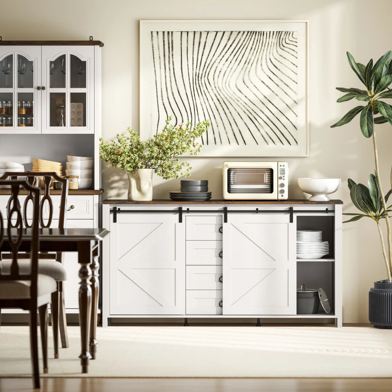 HOMCOM 60" Buffet Cabinet, Farmhouse Sideboard with Sliding Barn Doors, Drawers and Adjustable Shelves, Distressed Cream White