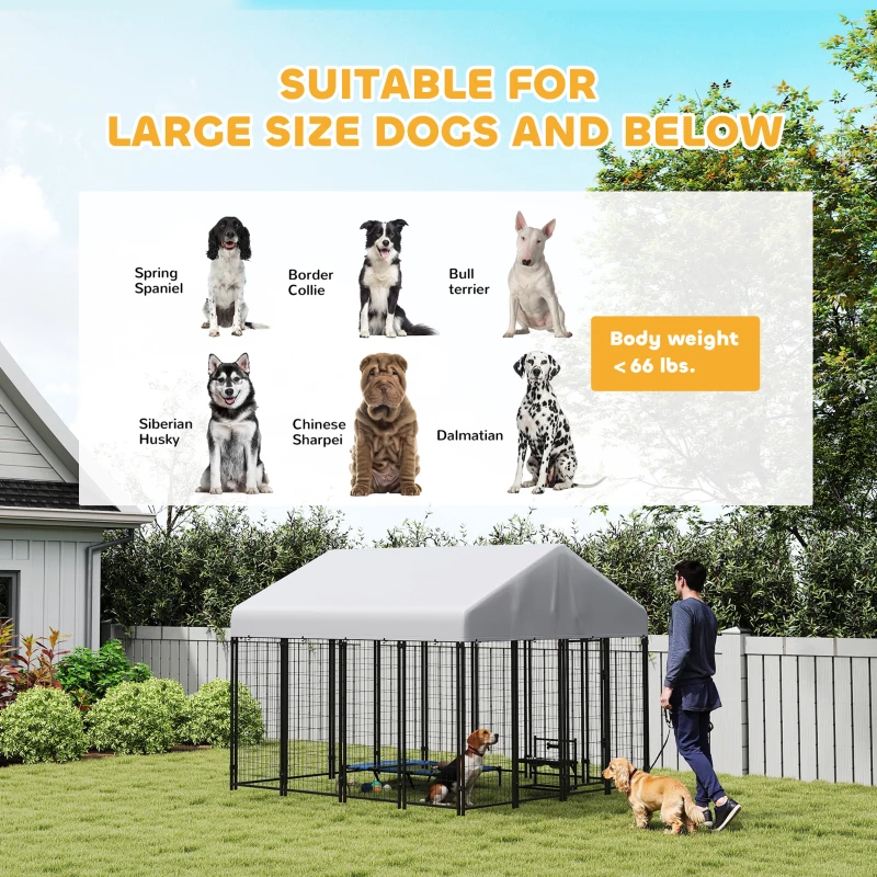 PawHut Outdoor Dog Kennel with Roof, 8' x 8' x 6' Heavy Duty Welded Wire Dog Playpen Enclosure with Escape-proof Lock