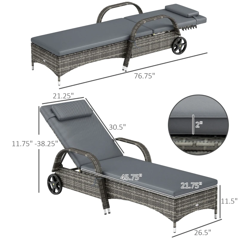 Outsunny Wicker Outdoor Chaise Lounge, 5-Level Adjustable Backrest PE Rattan Pool Lounge Chair with Wheels, Cushion & Headrest, Mixed Gray and Gray