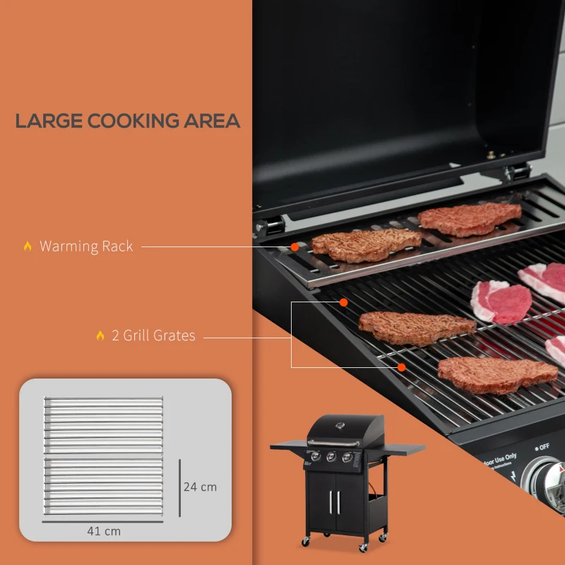 Outsunny Outdoor 3 Burner Gas Grill Portable Barbecue w/ Wheels, Warming Rack, Shelves, Cabinet, Thermometer, Black