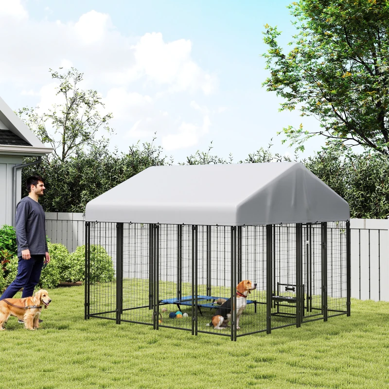 PawHut Outdoor Dog Kennel with Roof, 8' x 8' x 6' Heavy Duty Welded Wire Dog Playpen Enclosure with Escape-proof Lock