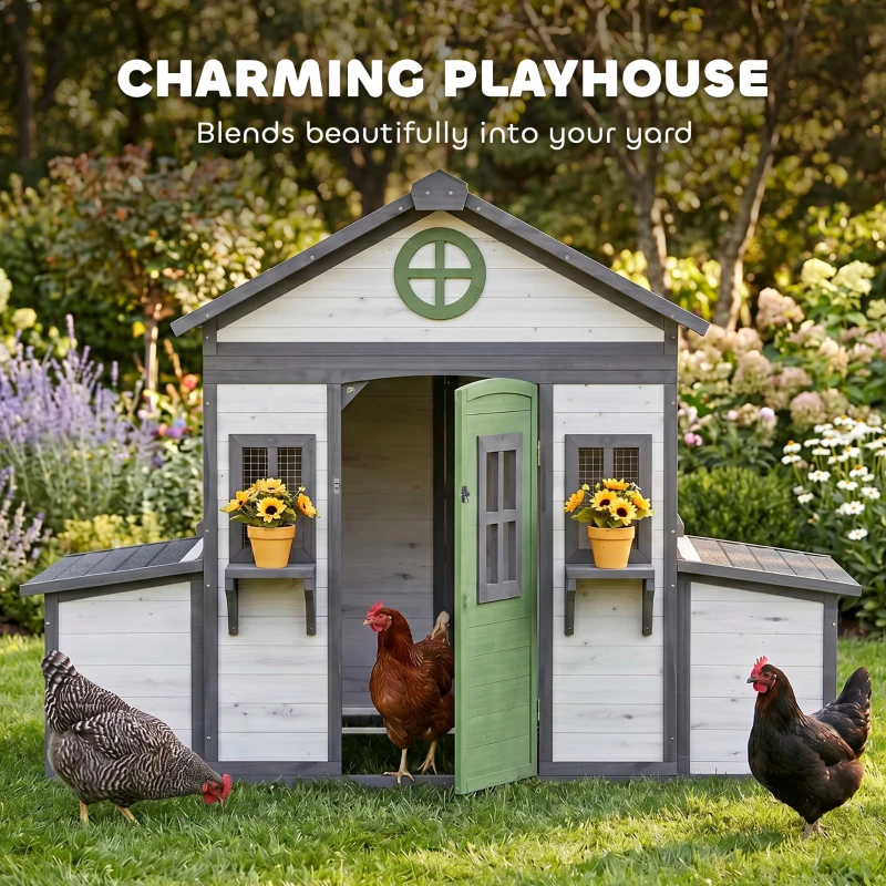PawHut Wooden Chicken Coop, Hen House for 2-4 Hens, Outdoor Playhouse Poultry Cage with Nesting Boxes, Waterproof Roof, Windows