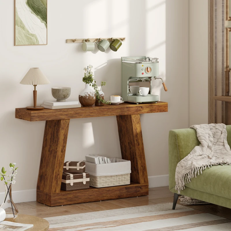HOMCOM 55" Farmhouse Console Table, 2-Tier Entryway Table with Storage for Hallway, Living Room, Behind Couch, Rustic Brown