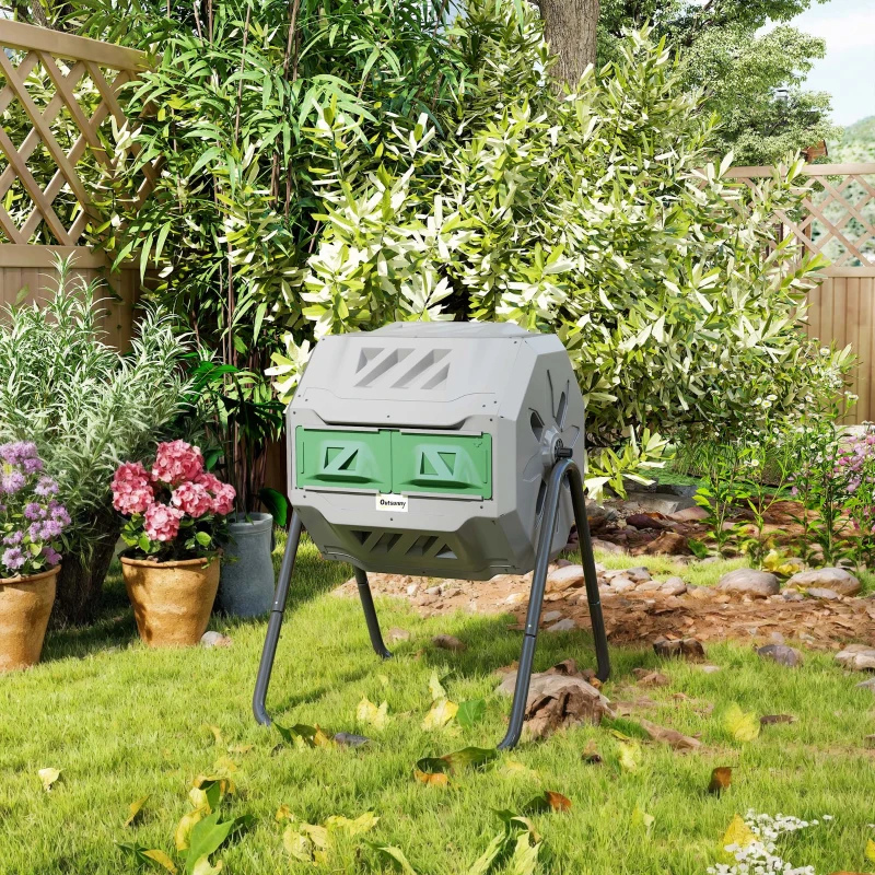 Outsunny Tumbling Compost Bin Outdoor 360° Dual Chamber Rotating Composter 43 Gallon, Light Gray