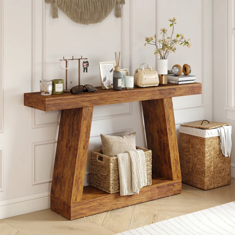 HOMCOM 55" Farmhouse Console Table, 2-Tier Entryway Table with Storage for Hallway, Living Room, Behind Couch, Rustic Brown