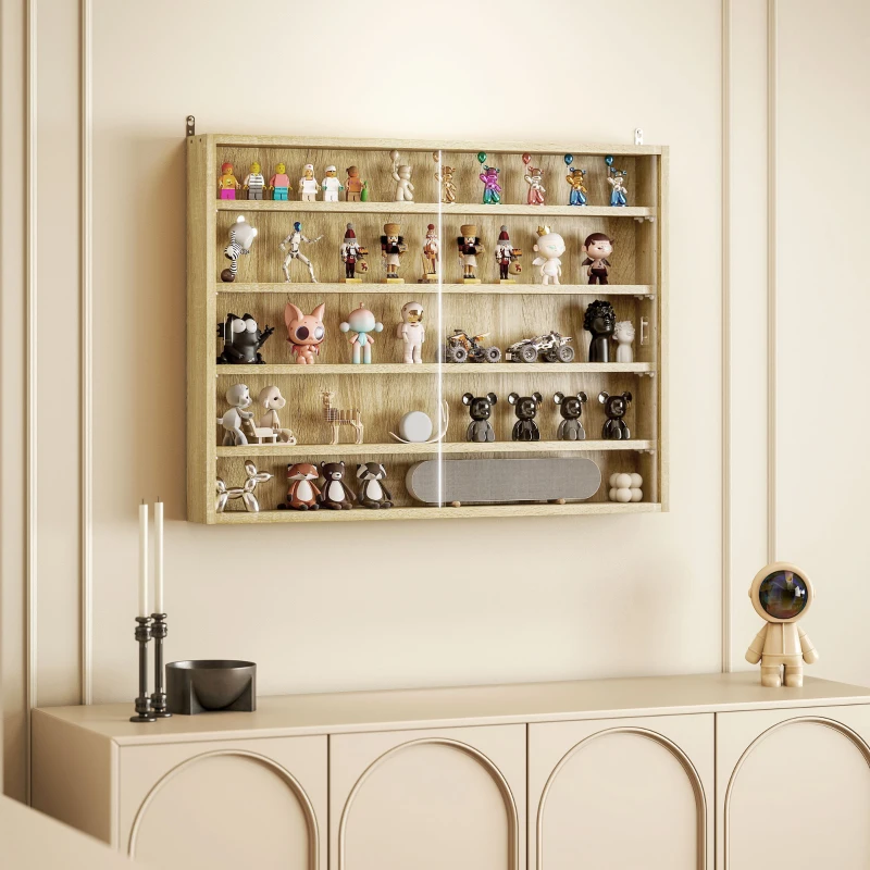 HOMCOM 5-Tier Display Cabinet, Wall-Mounted Display Case with 2 Glass Doors and Adjustable Shelves, Oak