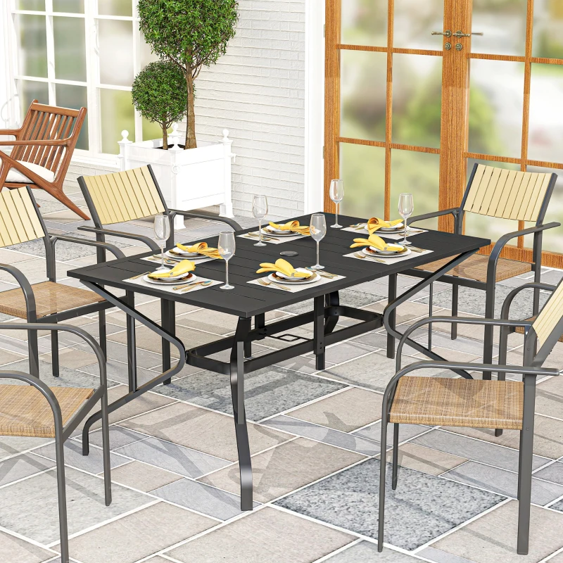Outsunny Rectangular Patio Table with Umbrella Hole, Steel Rectangle Outdoor Dining Table for 6 People for Garden, Black
