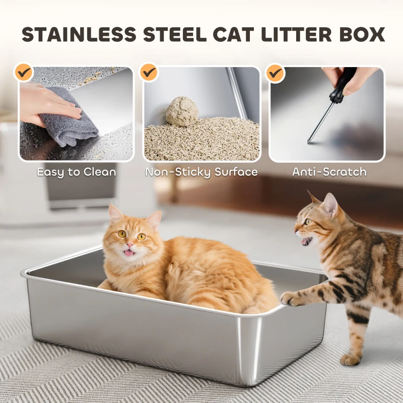 PawHut XL Stainless Steel Litter Box w/ 100° Flip Top, Scoop, Step, Top & Side Entry Enclosed Litter Box for Big Cats