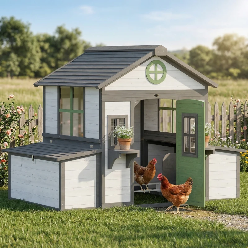PawHut Wooden Chicken Coop, Hen House for 2-4 Hens, Outdoor Playhouse Poultry Cage with Nesting Boxes, Waterproof Roof, Windows