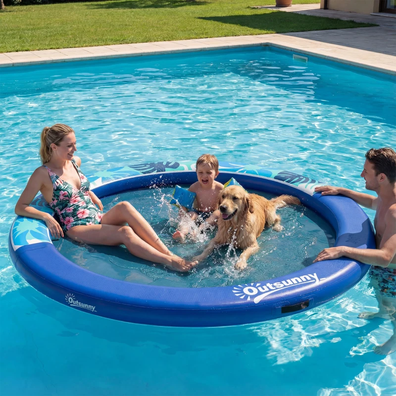Outsunny 8FT Inflatable Water Hammock Floating Ring, Inflatable Floating Dock Platform for for Lakes, Pools, Oceans, Blue