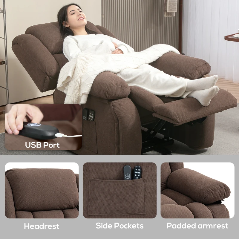 HOMCOM Overstuffed Power Lift Recliner Chair with Vibration Massage and Heat, Side Pockets, Pocket Spring, for Adults, Brown