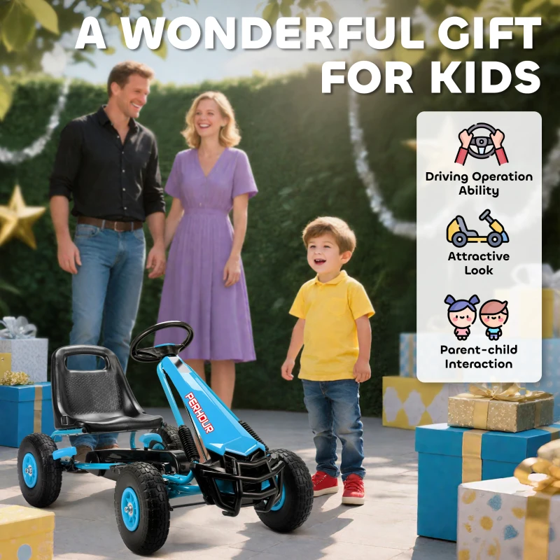 Qaba Kids Go Kart, Pedal Car with Adjustable Seat, EVA Wheels, Brake, for Boys & Girls Aged 3-8 Years Old, Blue