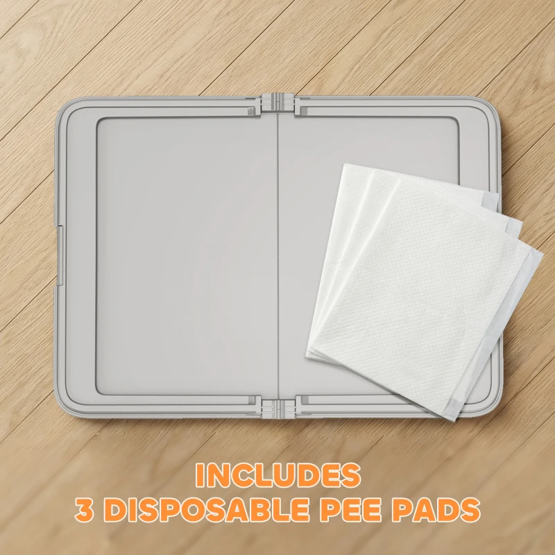PawHut Pee Pad Holder Foldable Dog Litter Box with 3 Disposable Pads, 33.9" x 24.4", Gray
