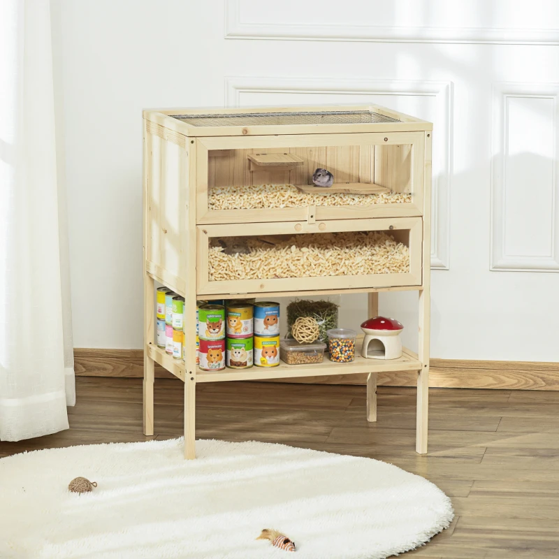 PawHut 3-Tier Wooden Hamster Cage Mice and Rat Cage Small Animals Hutch with Openable Top, Front Door, Shelf, Natural Wood