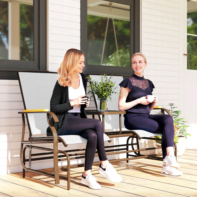 Outsunny Outdoor 2-Person Glider Bench, Outside Glider Swing Chair Loveseat with Table, Steel Frame, Cream White