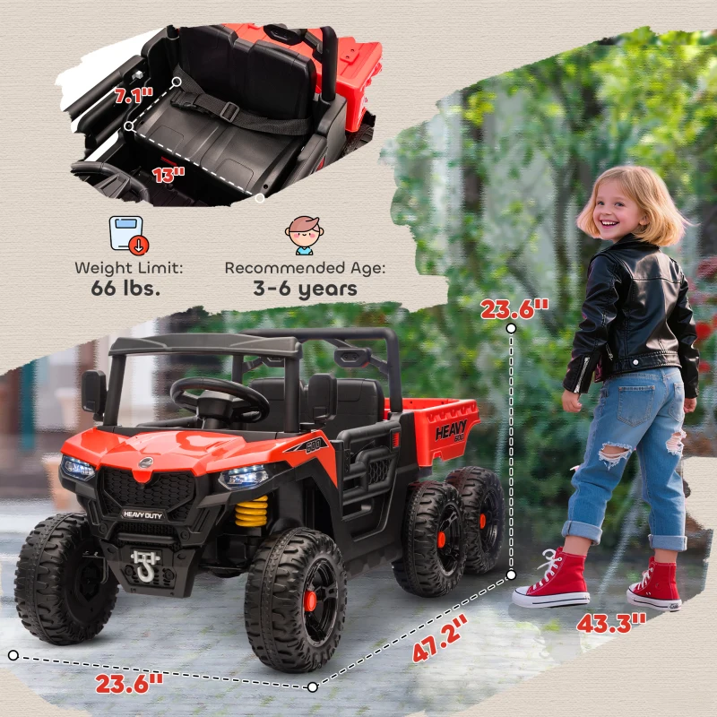Qaba 24V 4WD Kids Ride On Car with 6 Wheels, Electric Ride On Car with Dump Bed, Remote for 3-6 Years, Red