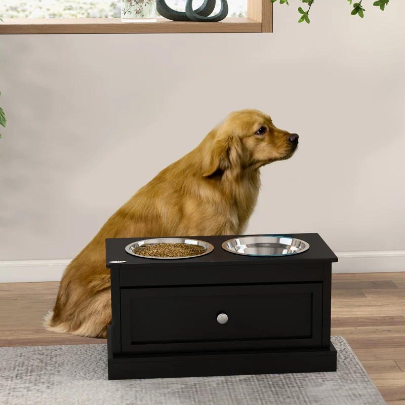 PawHut Elevated Dog Bowls with Storage Drawer, Raised Dog Bowl Stand Pet Food Bowl Dog Feeding Station, Black
