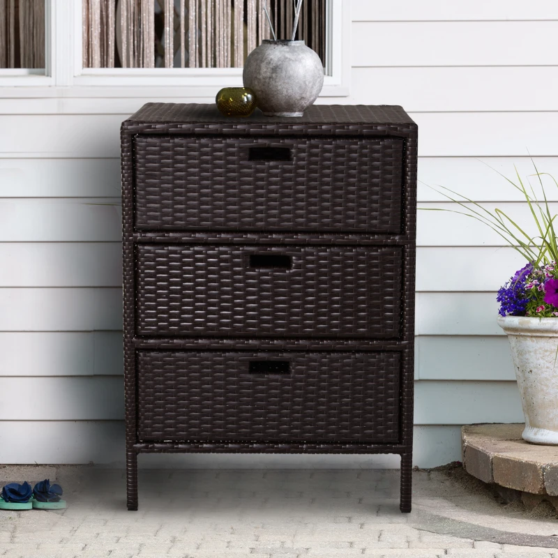 Outsunny Patio PE Rattan Storage Cabinet, Wicker Pool Cabinet Organizer, Outdoor Towel Rack for Pool with 3 Drawers, Brown