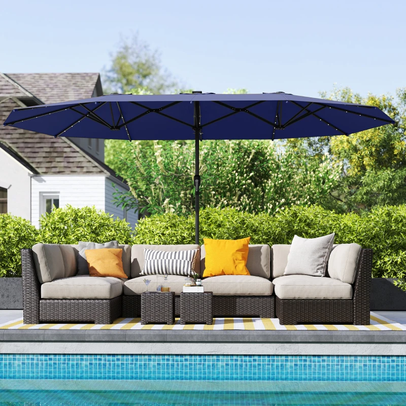 Outsunny Garden Parasol, Double-Sided Sun Umbrella with LED Solar Lights, Patio Parasol for Outdoor, Navy Blue