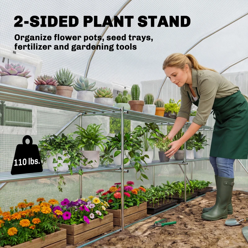 Outsunny 10'x11'x6' Walk-in Tunnel Greenhouse with Shelves, Mesh Door and Windows, Plant Hot House with PE Cover, White