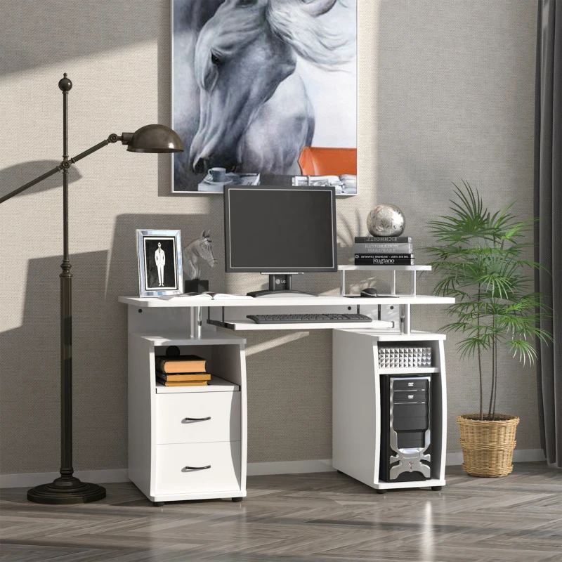 HOMCOM Multi-Function Computer Desk, Home Office Workstation with Keyboard Tray, Elevated Shelf, Sliding Scanner Shelf and CPU Stand, 47.25 x 21.75 Inch, White