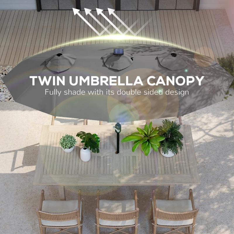 Outsunny Double-sided Patio Umbrella, 9.7' Outdoor Umbrella with Tilt and Crank, LED Solar Light and 12 Ribs, Gray