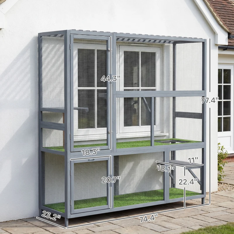 PawHut Catio Outdoor Cat Enclosure, 77" H Wooden Cat House with Weatherproof Roof, Platforms and Scratching Post