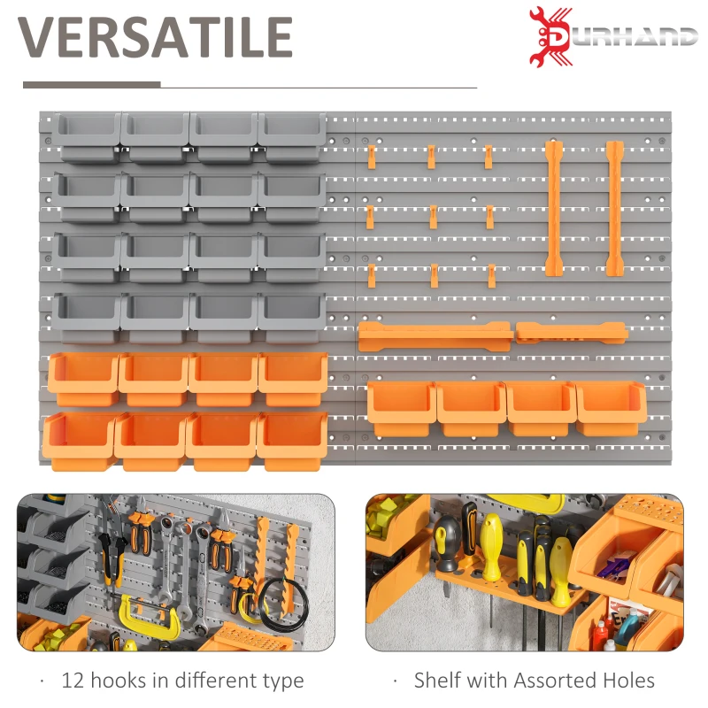 DURHAND 44 PCS Wall Mounted Pegboard Tool Organizer Rack Kit with Various Sized Storage Bins, Pegboard and Hooks, Orange