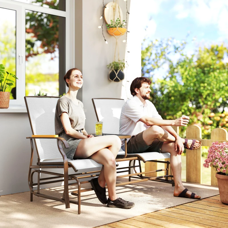 Outsunny Outdoor 2-Person Glider Bench, Outside Glider Swing Chair Loveseat with Table, Steel Frame, Cream White