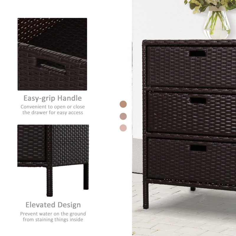 Outsunny Patio PE Rattan Storage Cabinet, Wicker Pool Cabinet Organizer, Outdoor Towel Rack for Pool with 3 Drawers, Brown