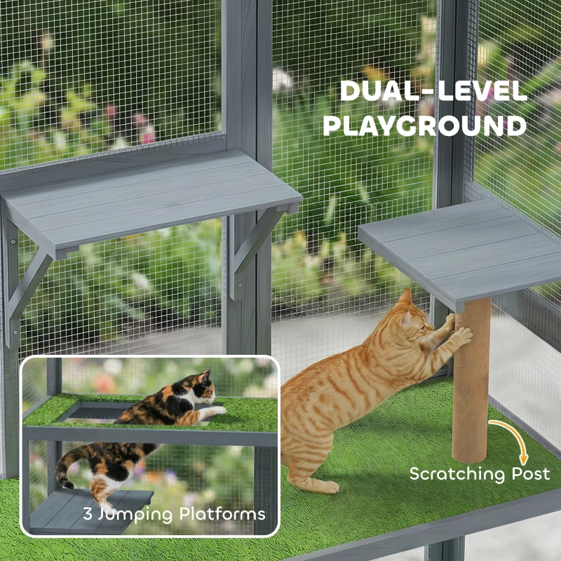 PawHut Catio Outdoor Cat Enclosure, 77" H Wooden Cat House with Weatherproof Roof, Platforms and Scratching Post