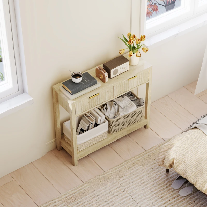 HOMCOM 35" Console Table with Storage, Narrow Entryway Table with Fluted Panel Drawers and Shelf for Hallway, Natural
