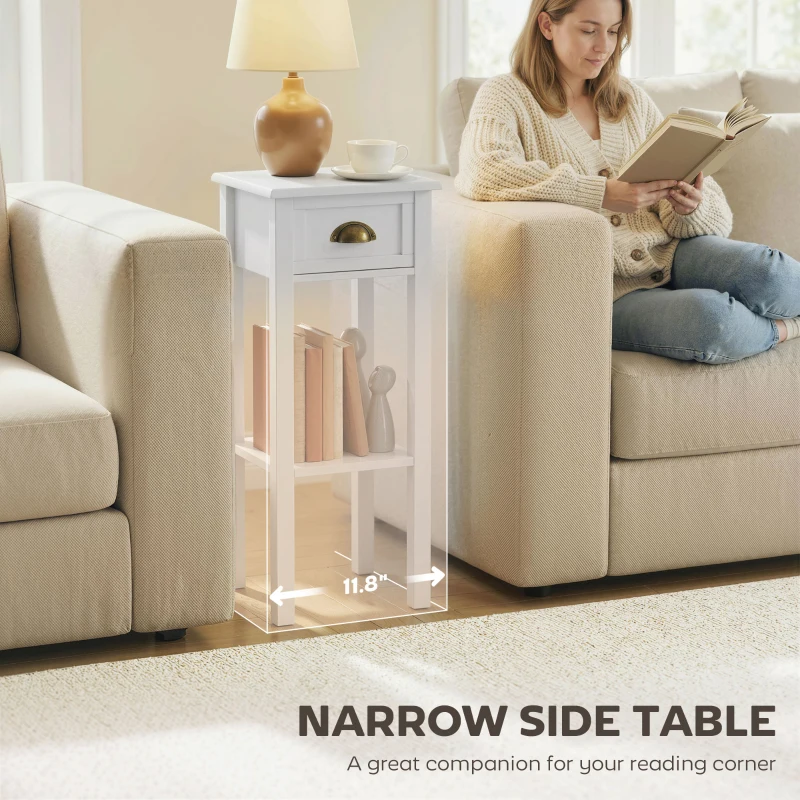 HOMCOM 2-Tier Side Table with Drawer and Shelf, End Table for Living Room and Hallway, White