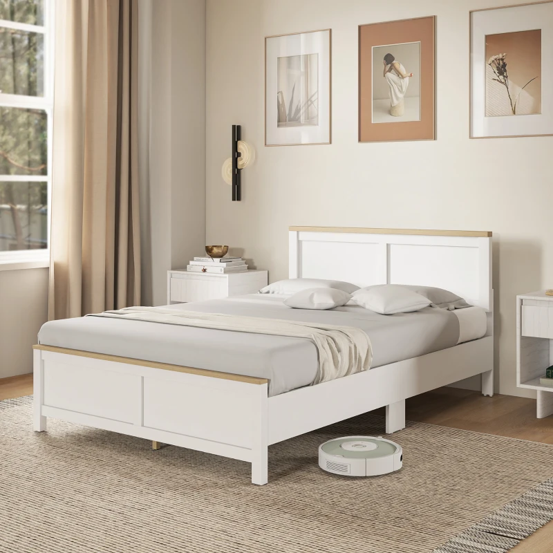 HOMCOM Full Bed Frame with Headboard, Modern Platform Bed Frame with Wooden Slats, No Box Spring Needed, Easy Assembly, White