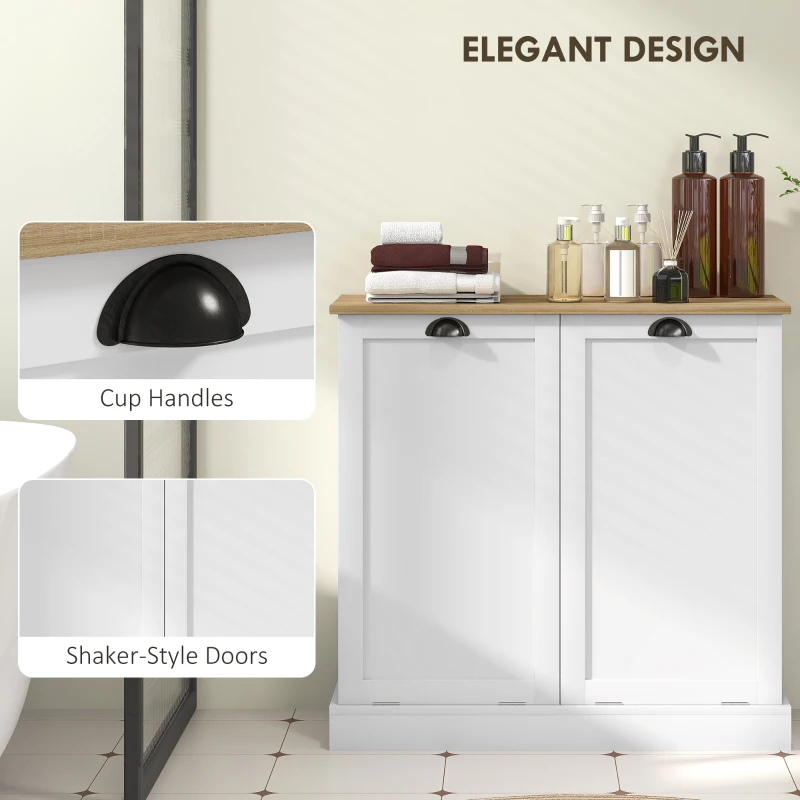 HOMCOM Dual Tilt out Laundry Hamper Cabinet with 2 Removable Basket, Modern Bathroom Storage Cabinet with Shaker Doors and Handles, White