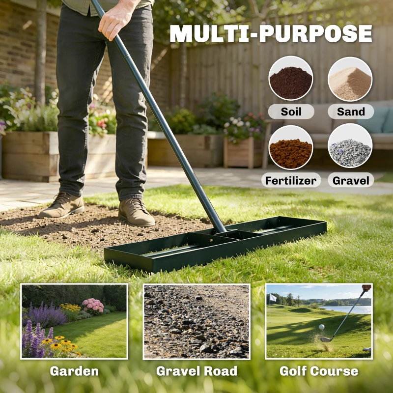 Outsunny Lawn Leveling Rake, 36" x 10" Heavy Duty Yard Leveling Rake with 66.5" Handle for Backyard, Golf Course