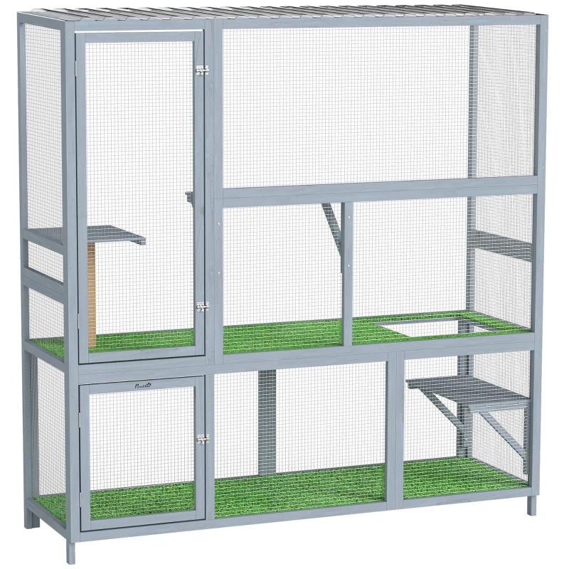 PawHut Catio Outdoor Cat Enclosure, 77" H Wooden Cat House with Weatherproof Roof, Platforms and Scratching Post