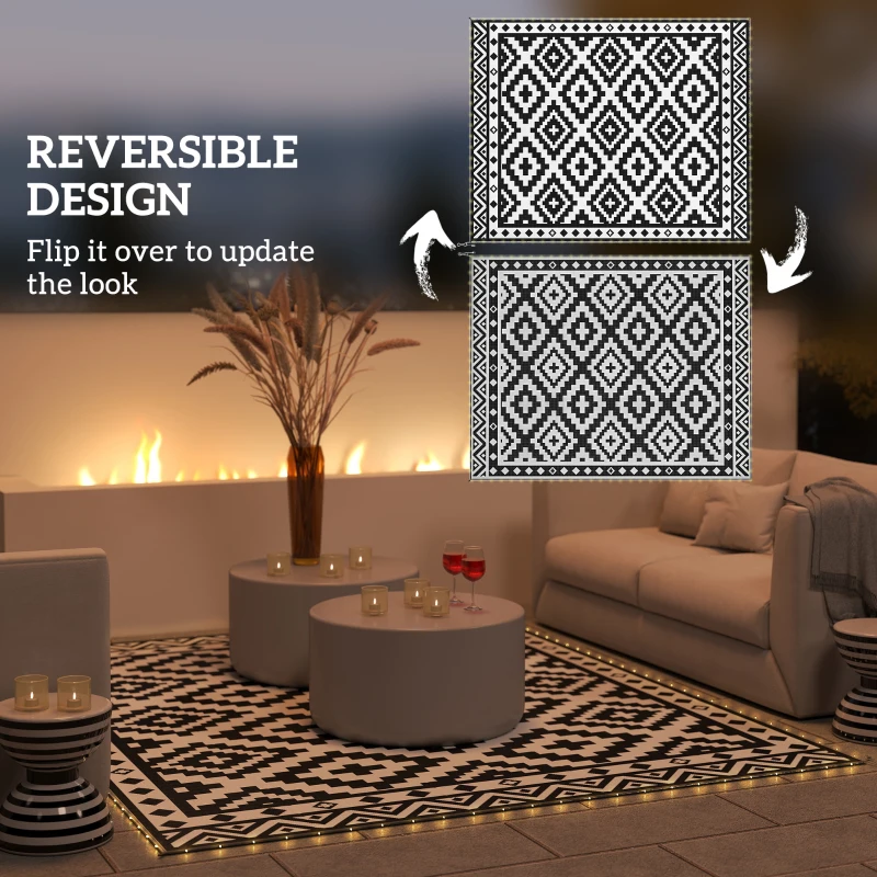 Outsunny Outdoor Rug Carpet Reversible Plastic Straw Rug with LED Lights Black and White 10' x 8' for Patio