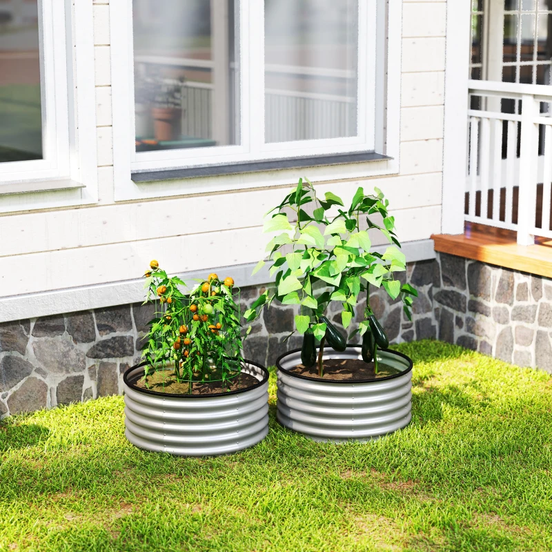 Outsunny Set of 2 Raised Garden Bed, Metal Planter Box with Safety Edging, Easy-to-assemble Stock Tank 3'x3'x1.4' Silver