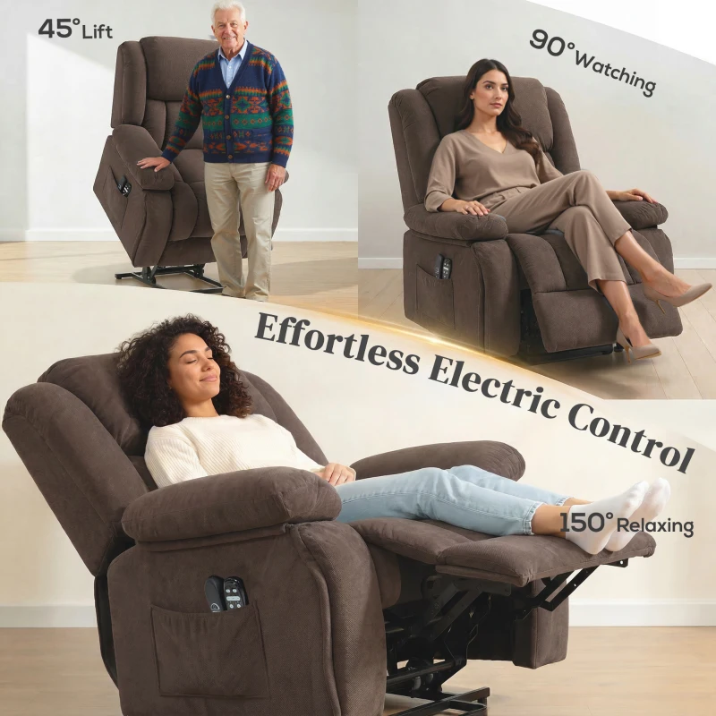 HOMCOM Overstuffed Power Lift Recliner Chair with Vibration Massage and Heat, Side Pockets, Pocket Spring, for Adults, Brown