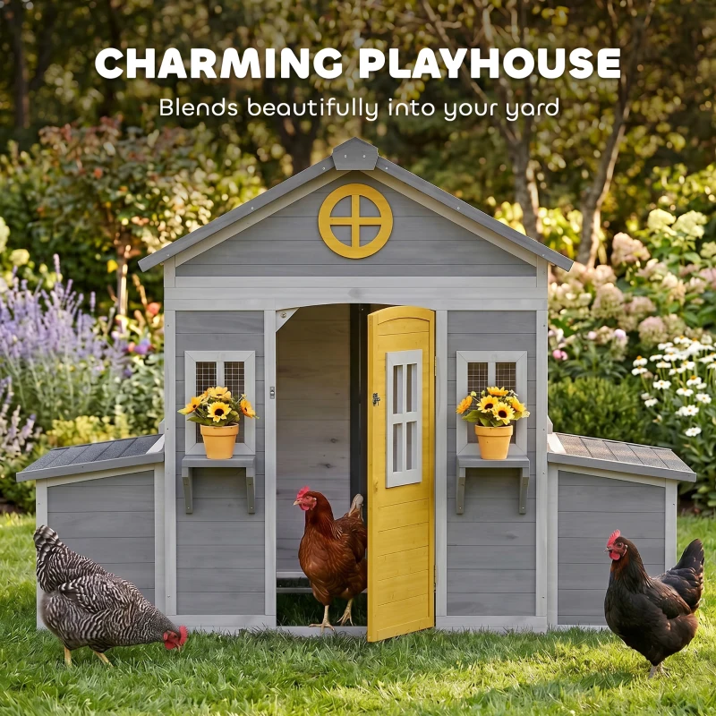 PawHut Wooden Chicken Coop, Hen House for 2-4 Hens, Outdoor Playhouse Poultry Cage with Nesting Boxes, Waterproof Roof, Windows