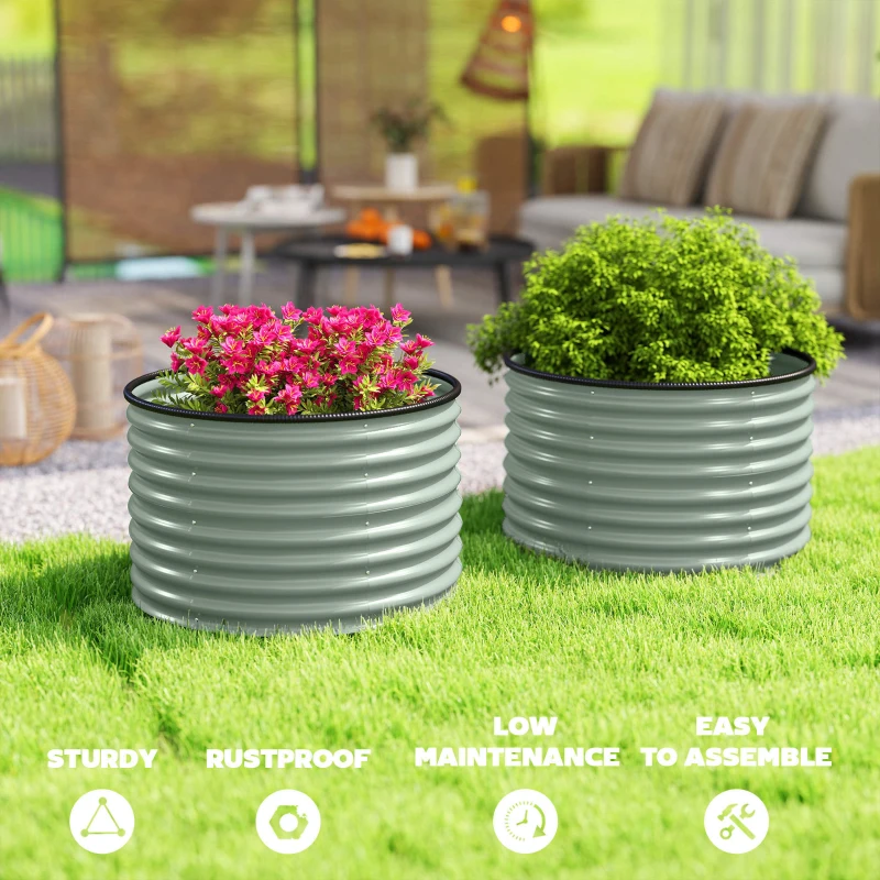 Outsunny Set of 2 Raised Garden Bed, Metal Planter Box with Safety Edging, Easy-to-assemble Stock Tank, Light Green