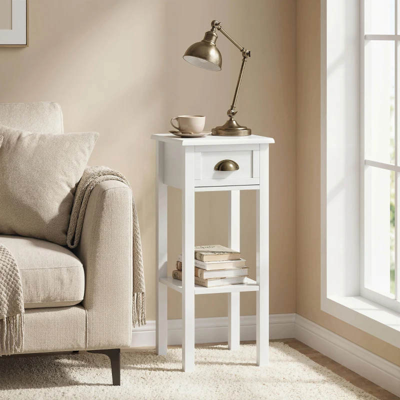 HOMCOM 2-Tier Side Table with Drawer and Shelf, End Table for Living Room and Hallway, White
