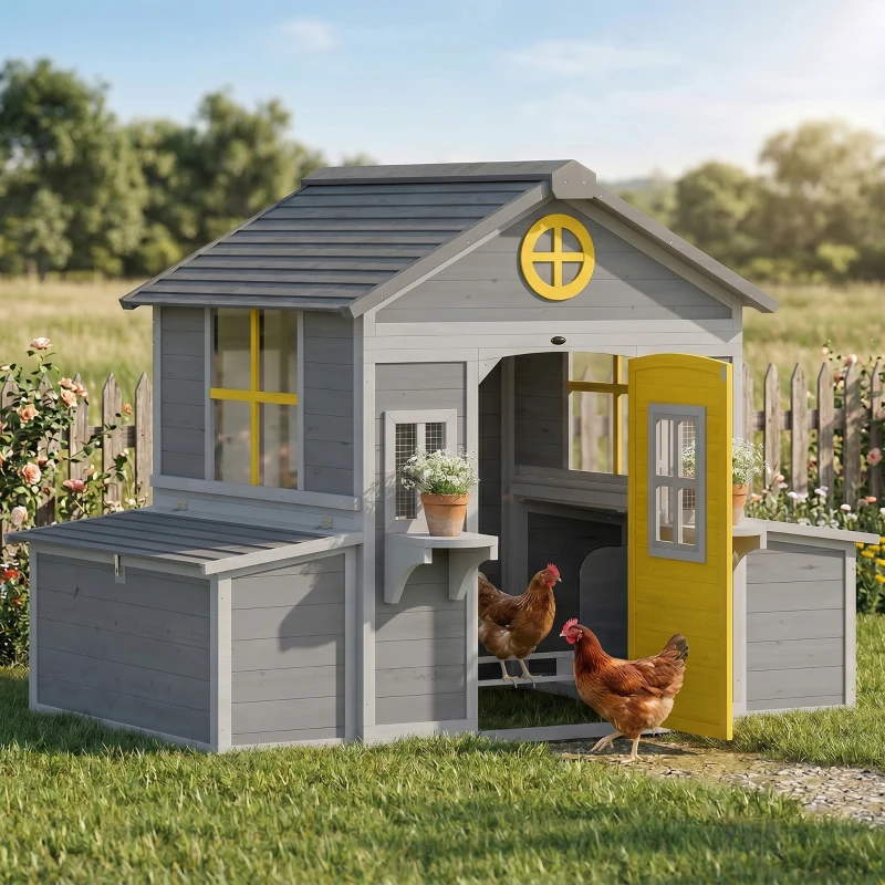 PawHut Wooden Chicken Coop, Hen House for 2-4 Hens, Outdoor Playhouse Poultry Cage with Nesting Boxes, Waterproof Roof, Windows