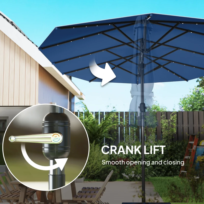 Outsunny Garden Parasol, Double-Sided Sun Umbrella with LED Solar Lights, Patio Parasol for Outdoor, Blue
