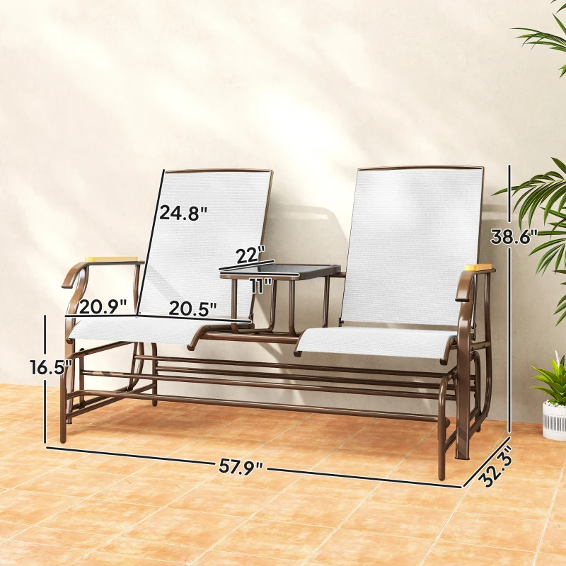 Outsunny Outdoor 2-Person Glider Bench, Outside Glider Swing Chair Loveseat with Table, Steel Frame, Cream White