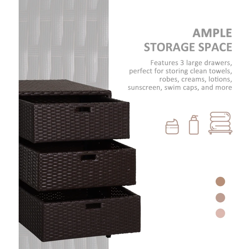 Outsunny Patio PE Rattan Storage Cabinet, Wicker Pool Cabinet Organizer, Outdoor Towel Rack for Pool with 3 Drawers, Brown